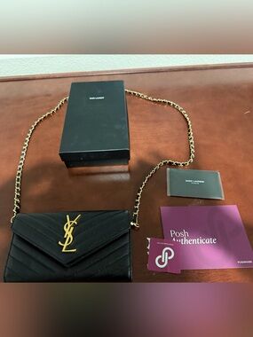 Yves Saint Laurent Black Quilted Leather Wallet on Chain with Gold Hardware